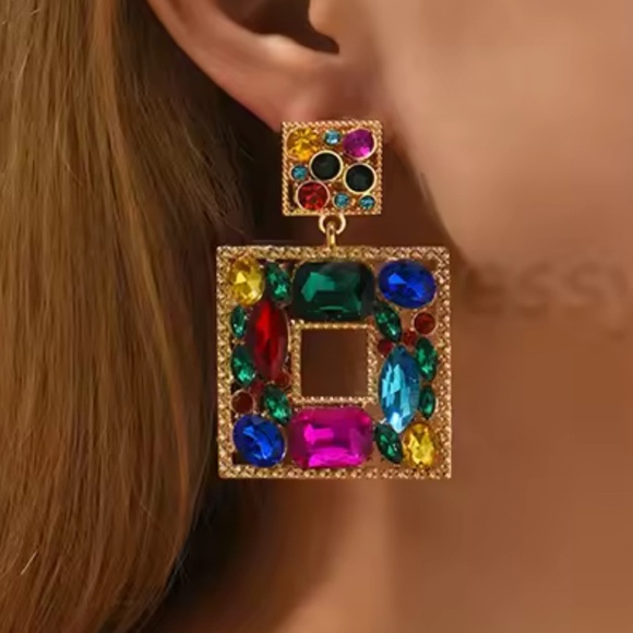 Anthropologe multicolour colourful square rhinestones earrings - Picture 4 of 12